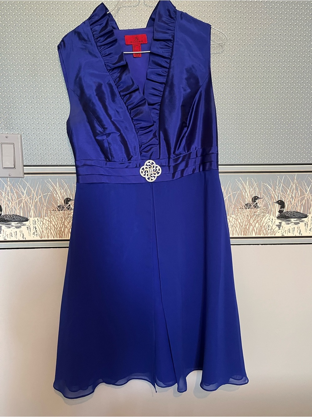 JS Collections Cobalt Blue Ruffled V-Neck Dress with Decorative Waist